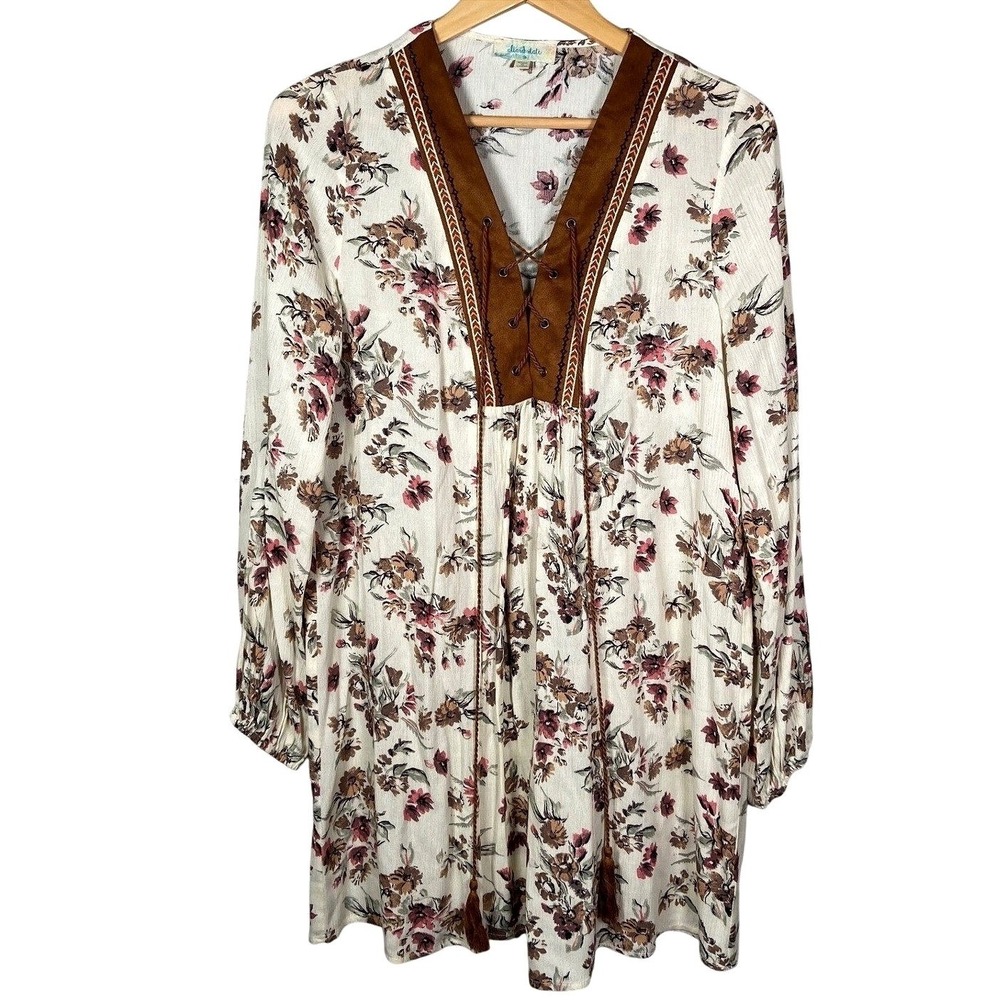 Altar'd State Floral Boho Babydoll Tunic Mini Dress Lace Up Tassel Womens M